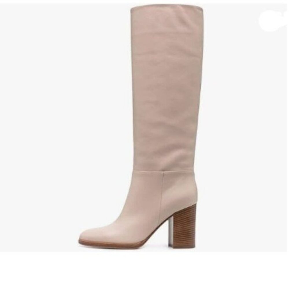 XYD Beige Pull On Calf Boots Retro Round Toe  Knee Booties Chunky Shoes